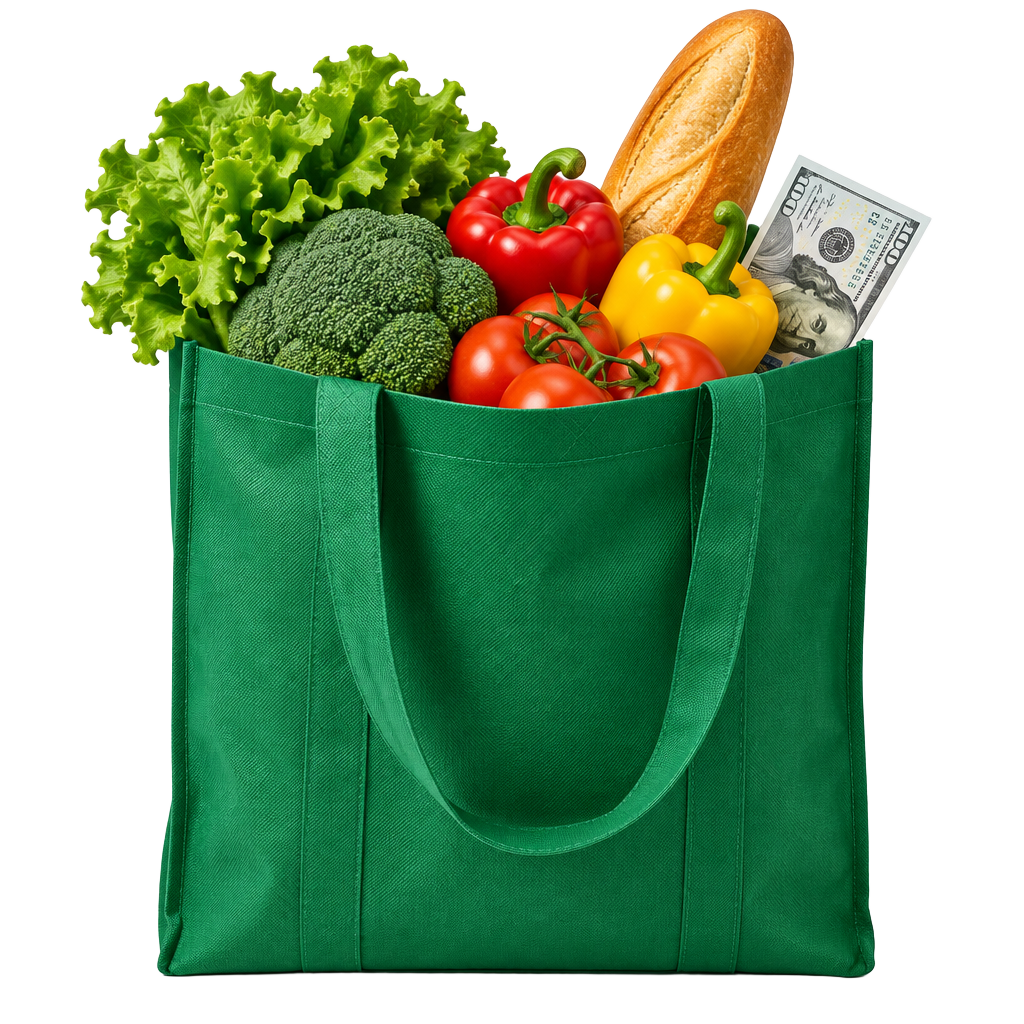 Green grocery bag with produce and a $100 bill